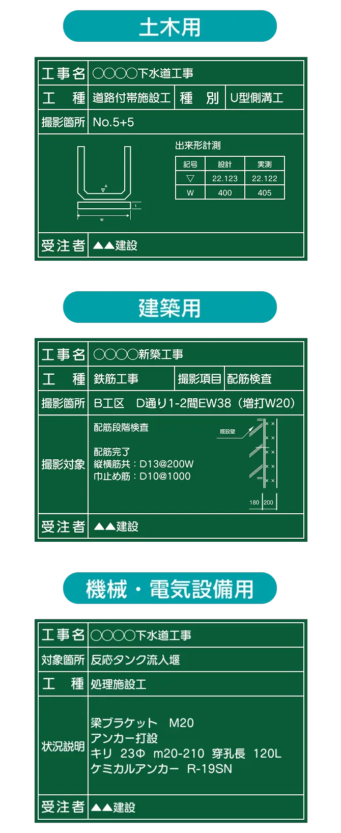 土木用、建築用、機械・電気設備用の黒板テンプレート